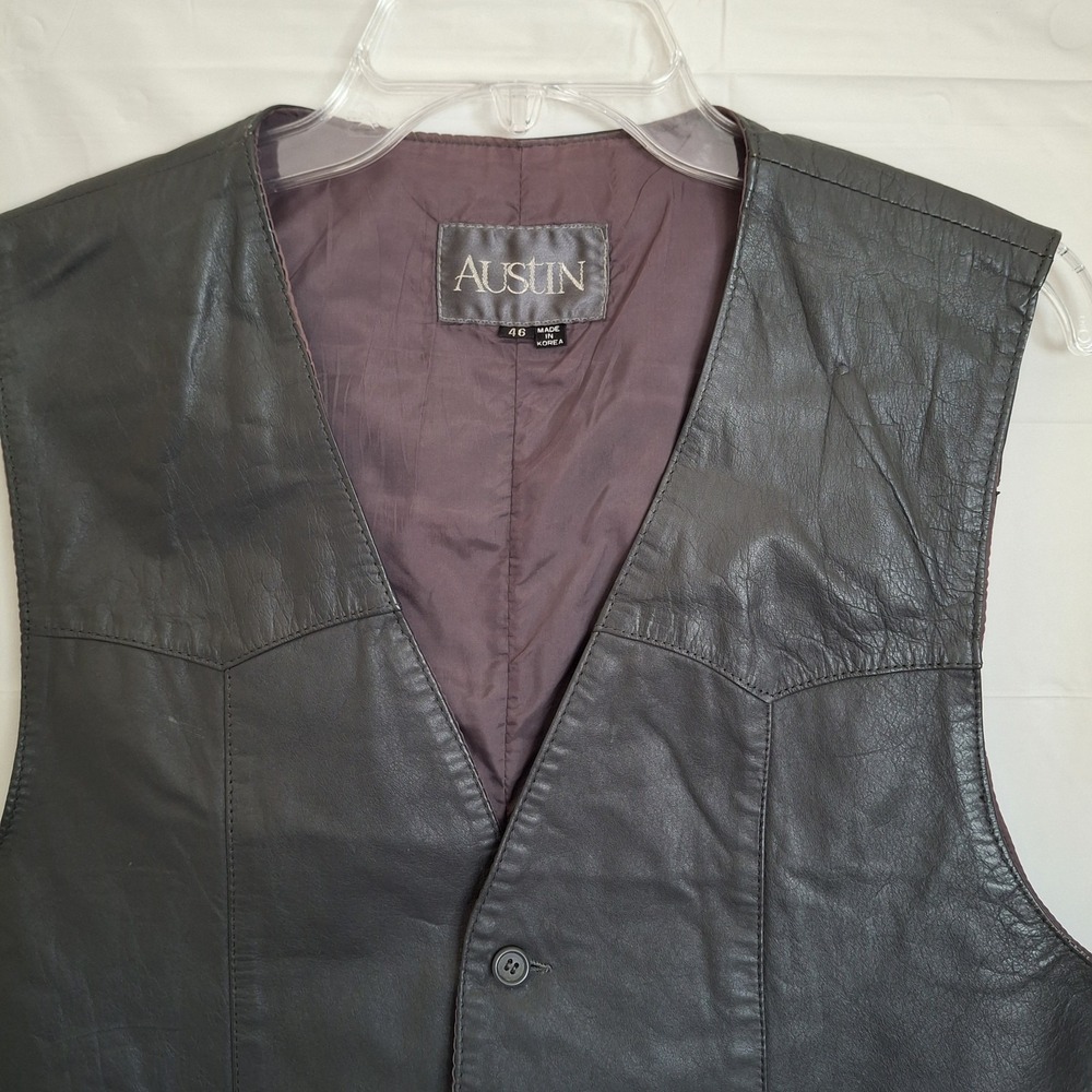 Austin Black Leather Vest Men's Size 46‎ Pockets * Flaws - Picture 2 of 13